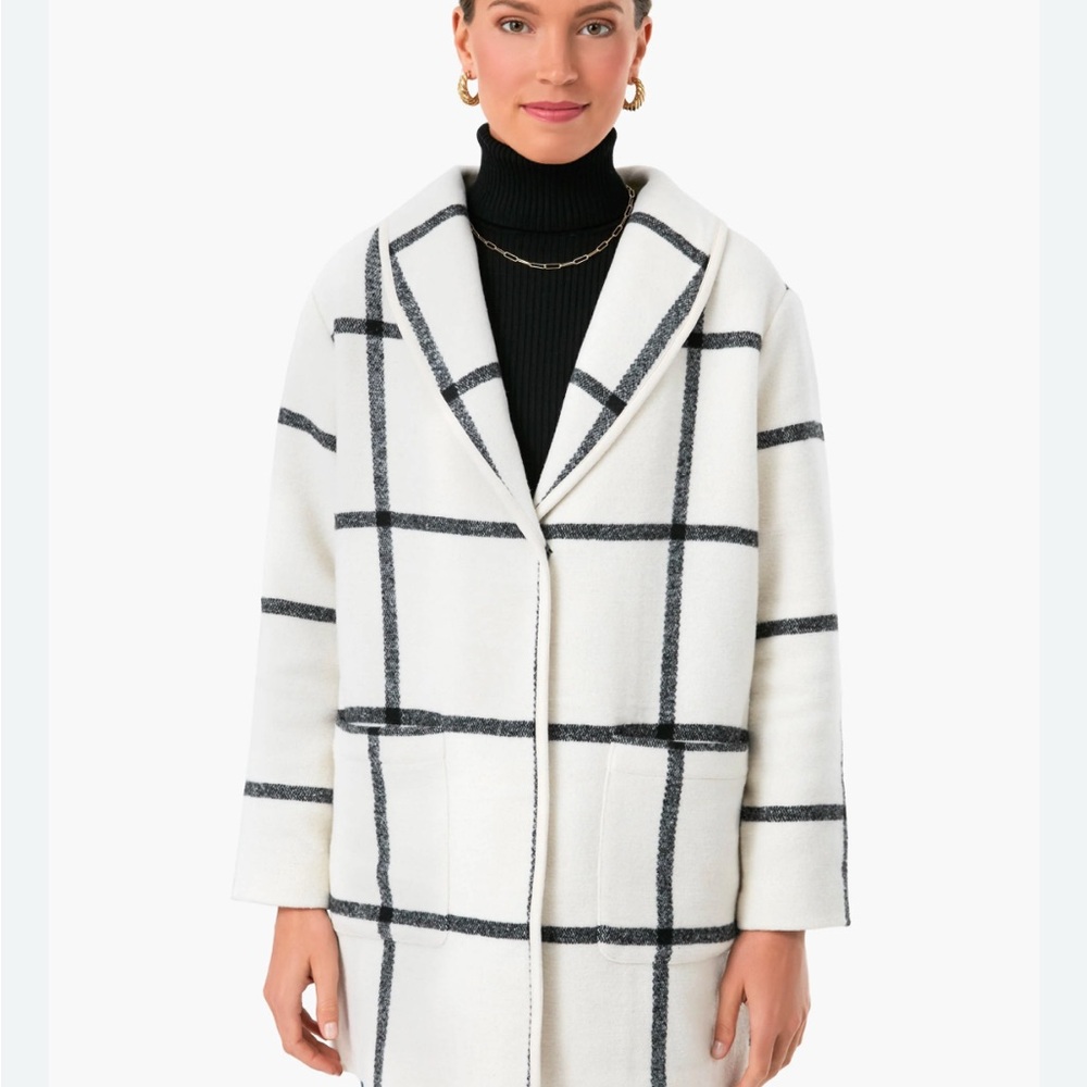 White and Black Pea Coat with Bold Pattern and Classic Tailored Silhouette